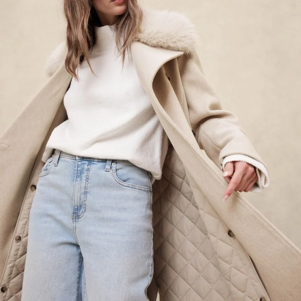 NWT XL Banana Republic Factory Cream Trench Coat with Fur Collar - Picture 4 of 5